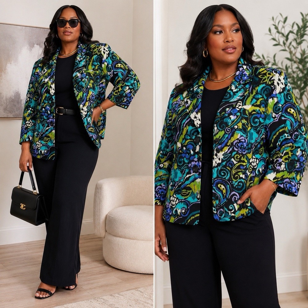 Le Suit Women Blazer Jacket 18W Blue Green Floral Abstract Career Artsy Classic